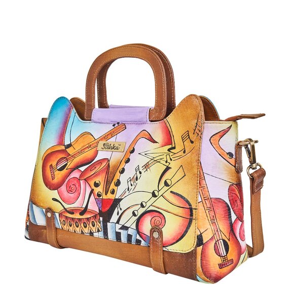 Brown Hand Painted Leather satchel bag, Crossbody Sling Bag, Top Handle Handbag - Picture 8 of 9